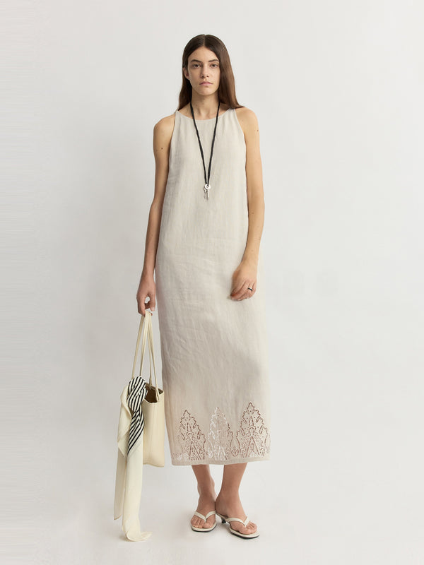 French-Imported Dew-Ramie Cutwork Embroidered Linen Midi Dress