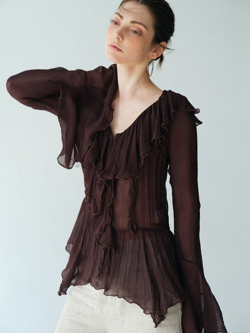 Luxury Cupro-Blend Ruffle V-Neck Blouse – Draped Bell Sleeve Romantic Top