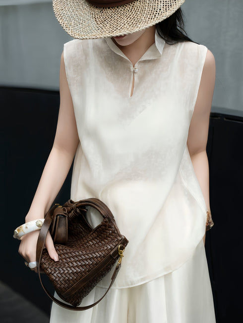 Silk-Texture Jacquard Mandarin Collar Sleeveless Blouse – Lightweight Double-Layer Summer Top