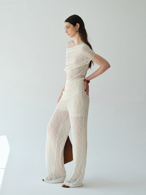Heavy Lace Sheer Off-Shoulder Draped Top & Straight Micro-Flare Pants Set – Convertible Two-Way Statement Ensemble