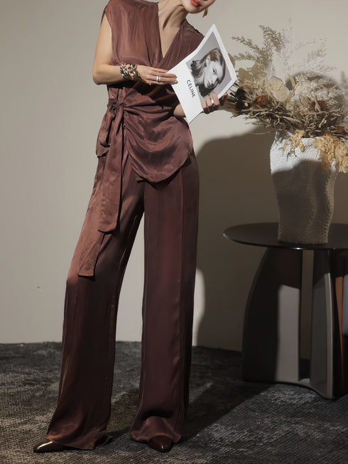 Luxury Satin-Texture Wrap V-Neck Tie Blouse & High-Waisted Wide-Leg Pants Set