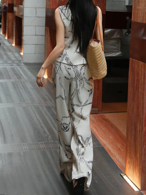 Vintage Contrast Print Vest & Wide-Leg Pants Set – Elegant Tailored Summer Two‑Piece