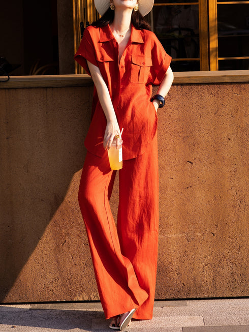 100% Linen Utility Shirt & Wide-Leg Pants Set – Minimalist Summer Tailored Two-Piece
