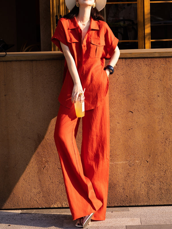 100% Linen Utility Shirt & Wide-Leg Pants Set – Minimalist Summer Tailored Two-Piece