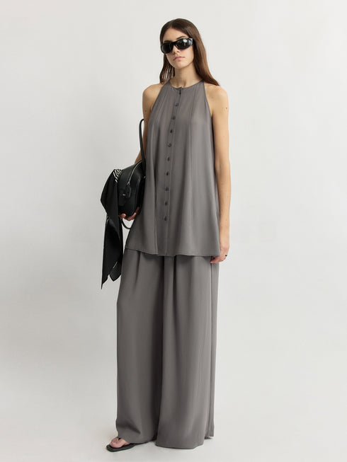 Luxury Acetate Sheer Pleated Top & Wide-Leg Pants Set – Quiet Luxury Fluid Resort Ensemble