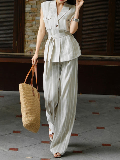 Old Money Linen Striped Vest & Wide-Leg Pants Set – Belted Sleeveless Blazer and Tailored Summer Suit
