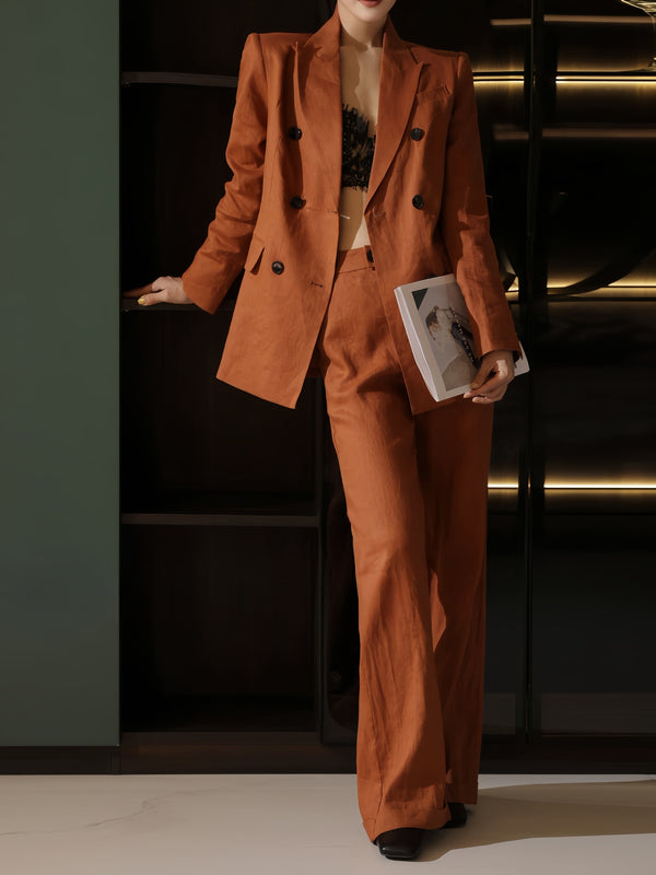 Old Money Linen Double-Breasted Blazer & Wide-Leg Trousers Suit Set – Relaxed Tailored Summer Workwear