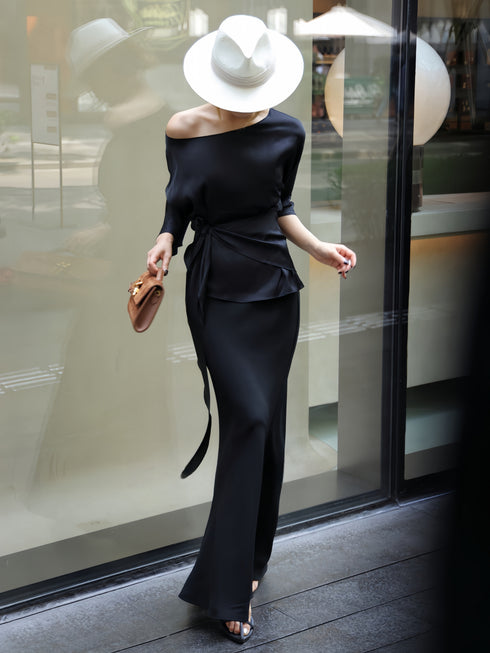 100% Mulberry Silk Asymmetric One-Shoulder Draped Top – Waist-Tie Elegant Long Sleeve Blouse