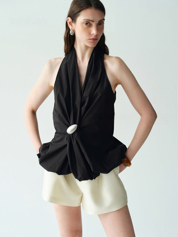 Cotton-Blend Halter Blouse with Sculptural Brooch – Irregular Knotted Waist Bubble-Hem Sleeveless Top