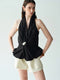 Cotton-Blend Halter Blouse with Sculptural Brooch – Irregular Knotted Waist Bubble-Hem Sleeveless Top