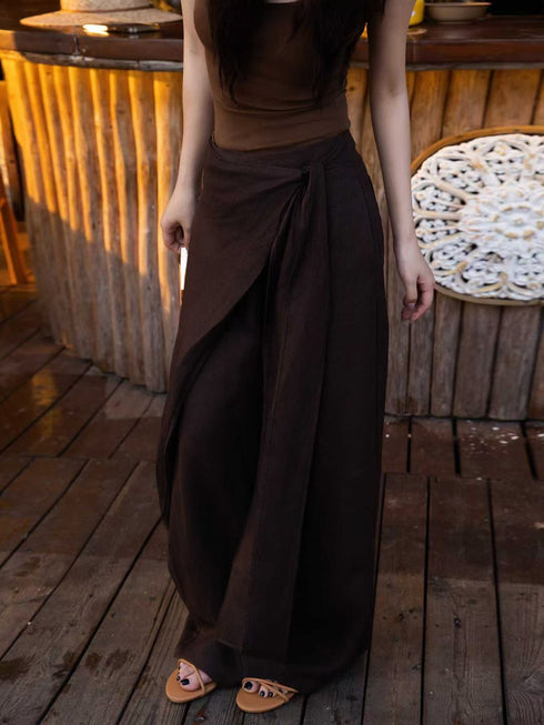 High-Waisted Asymmetric Wrap Linen Wide-Leg Pants – White Draped Resort Trousers