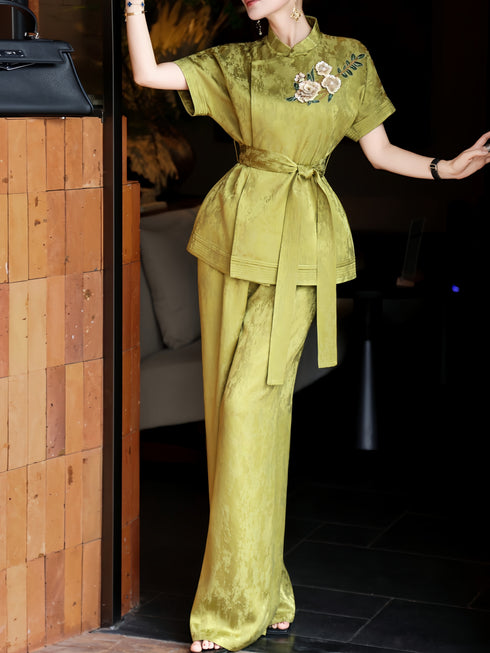Embroidered Jacquard Silk‑Touch Cheongsam Top & Wide‑Leg Pants Set – Belted Waist Two‑Piece Suit