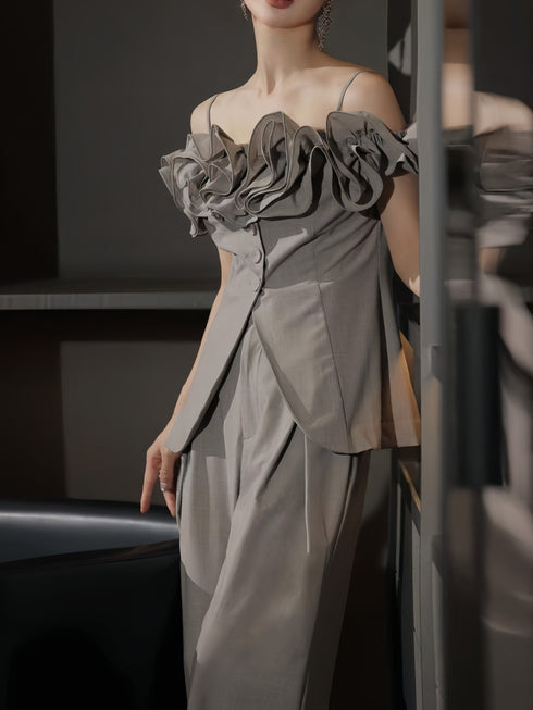 Off-Shoulder Ruffle Sculpted Top & Wide-Leg Pants Set – Designer Draped Two-Piece Ensemble