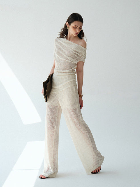 Heavy Lace Sheer Off-Shoulder Draped Top & Straight Micro-Flare Pants Set – Convertible Two-Way Statement Ensemble