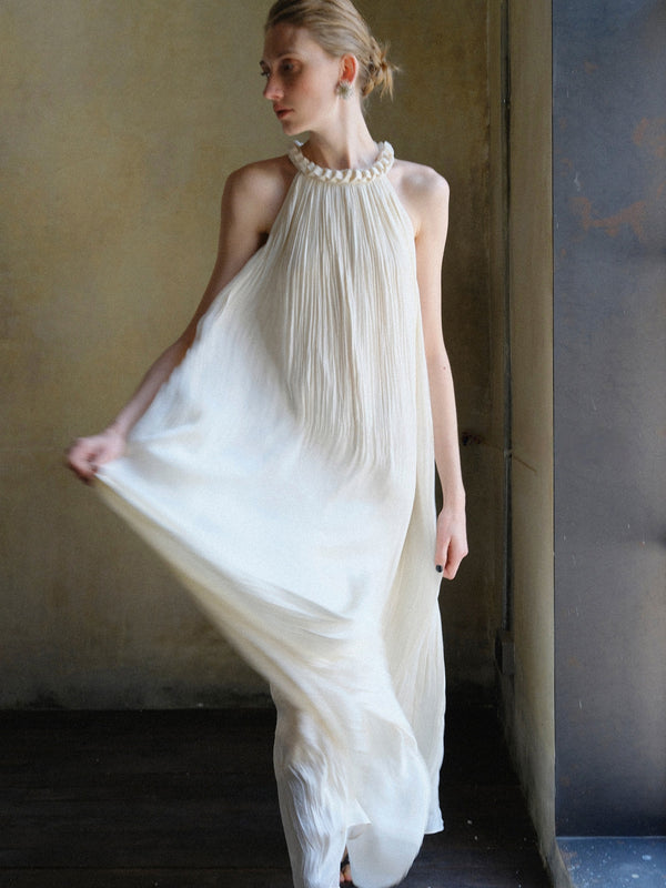 Lustre Island-Silk Pleated Halter Maxi Dress – Hand‑Braided Neckline A‑Line Sleeveless Dress