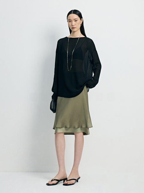 Japanese Washable Double-Satin Mermaid Midi Skirt - Ultra-Fine High-Twist Layered Slip Skirt