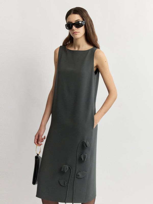 Handcrafted Floral Acetate Shift Dress in Custom Morandi Sage Green