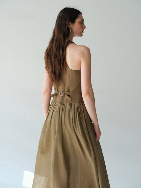 Pure Linen Slub-Texture Halter Waistcoat Maxi Dress – Old Money Summer Statement Dress