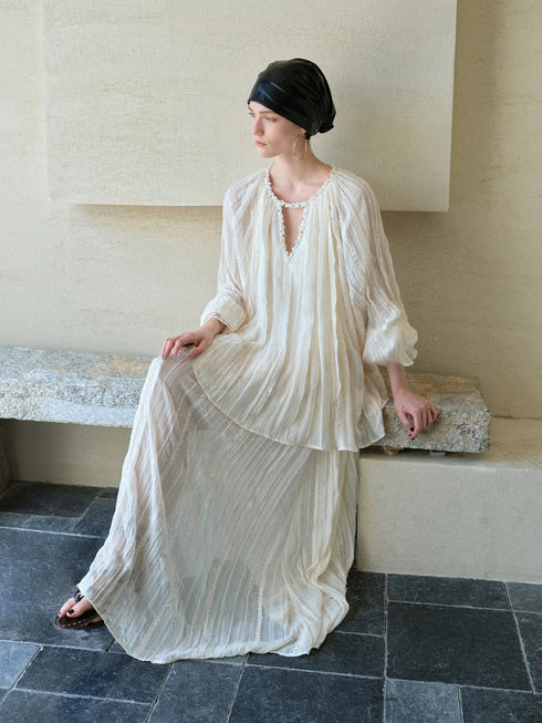 Sequin-Embellished French Pleated Chiffon Blouse – Ethereal Bohemian Sheer Goddess Top