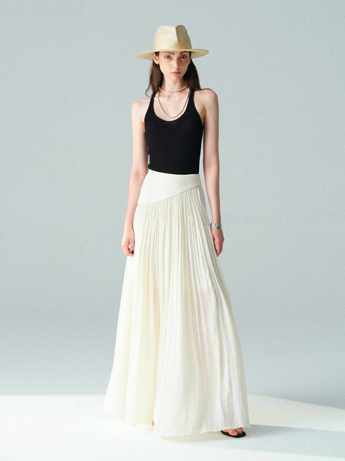 Pearlescent Island Silk Asymmetric Waist Bias-Cut Maxi Skirt – Fluid Pleated A-Line Silhouette