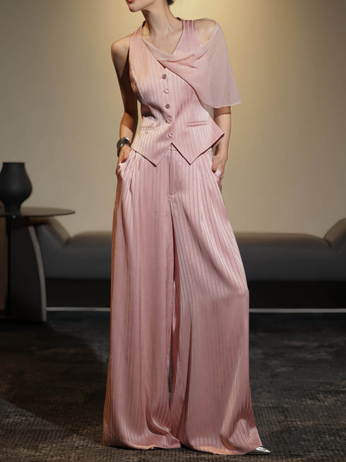 Luminous Pinstripe Tailored Vest & Wide-Leg Trousers Set – Sculpted Waist Elegant Two‑Piece Suit