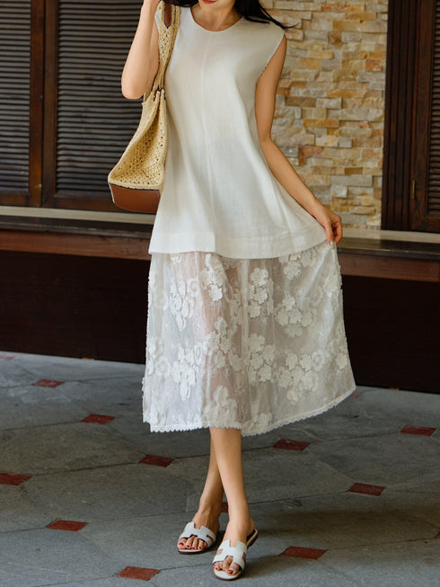 Minimalist Linen & Floral Lace Patchwork Midi Dress – Elegant Sleeveless Summer Dress