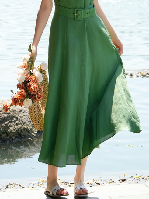 100% Linen Sleeveless Belted Midi Dress – Elegant Waist-Cinched Summer A-Line Dress