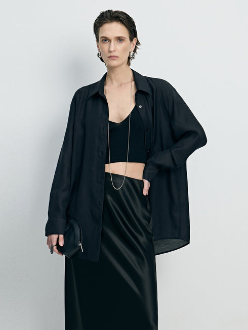 Sheer TENCEL Wool Relaxed Oversized Shirt - Luxe Lightweight Draped Blouse