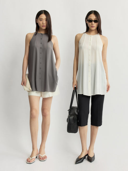 Luxury Acetate Sheer Pleated Top & Wide-Leg Pants Set – Quiet Luxury Fluid Resort Ensemble