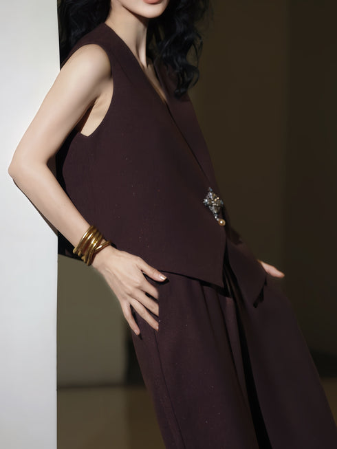 Acetate Tailored Vest & Straight-Leg Pants Set – Minimalist Luxury Sleeveless Suit Ensemble