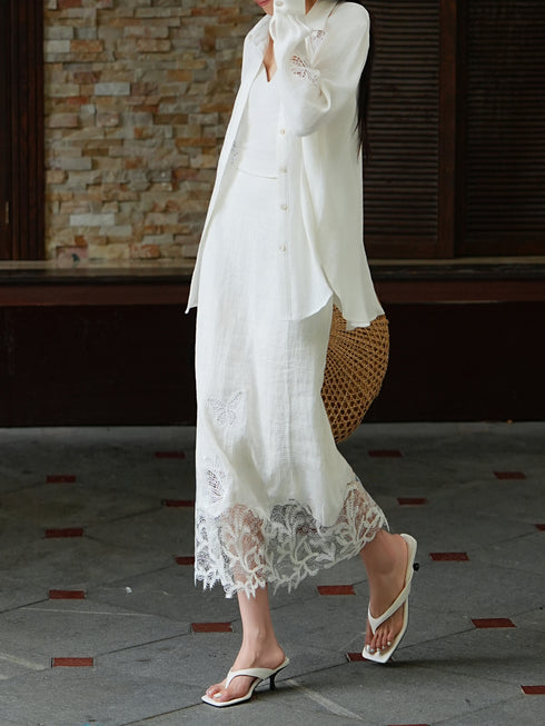 French Vintage Linen Embroidered Shirt & Lace Maxi Skirt Set – Luxury Butterfly Cutwork Summer Ensemble