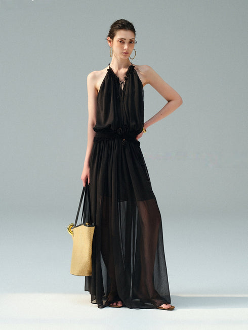 Textured Chiffon Ruffle-Trim Halter Sleeveless Maxi Dress