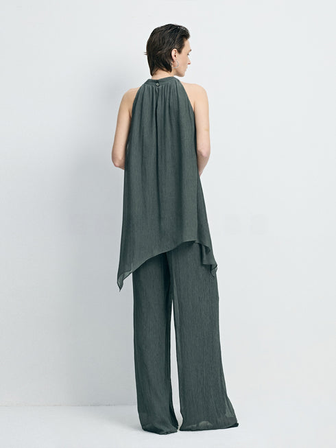 Hand-Beaded Draped Cupro Halterneck Top & Airy Wide-Leg Pants Set