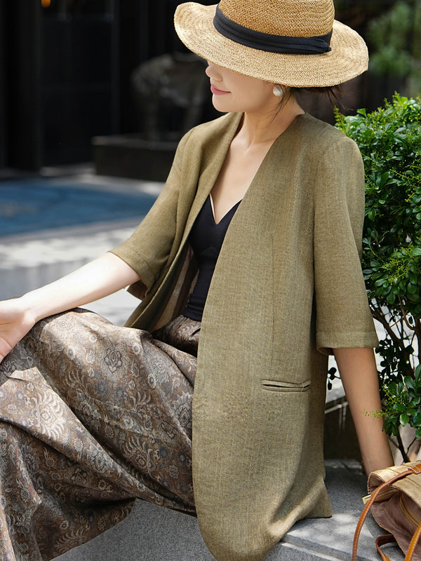 Luxury Linen Relaxed Blazer & Vintage Print Wide-Leg Pants Set – Effortless Resort Tailoring