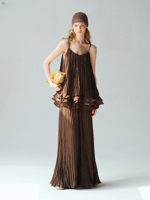 Pearlescent Crinkled Silk-Feel Camisole & A-Line Maxi Skirt Set – Braided V-Neck Resort Occasion Ensemble