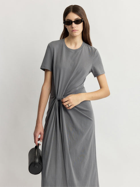 Custom-Combed Cotton 10A Antibacterial Deconstructed Waist-Tie Midi T-Shirt Dress