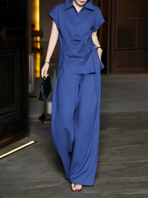 100% Linen Twisted-Drape Shirt & Wide-Leg Pants Set – Elegant Summer Formal Two-Piece Outfit