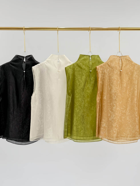 Silk-Texture Jacquard Mandarin Collar Sleeveless Blouse – Lightweight Double-Layer Summer Top