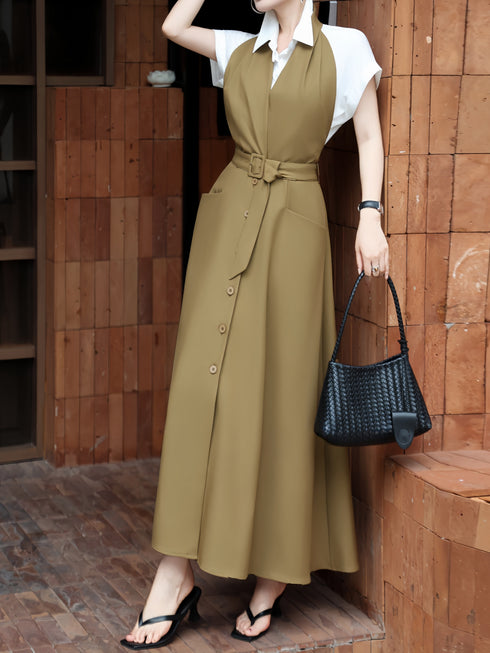 Elegant Halter Waist-Cinched Midi Dress & Blouse Two-Piece Set – Refined Office Lady Style