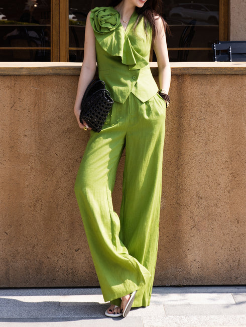 100% Linen Relaxed Flower-Appliqué Vest & Wide-Leg Pants Set – Sculptural Summer Suit