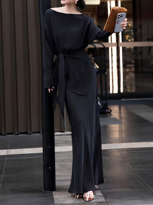 Luxury Cupro Batwing Top & Slim Maxi Skirt Set – Elegant Off-Shoulder Draped Two-Piece Outfit