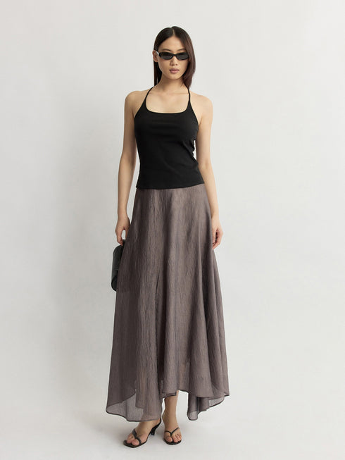 Crinkled Acetate Asymmetric Maxi Skirt – Fluid Draped High-Waist Statement Skirt