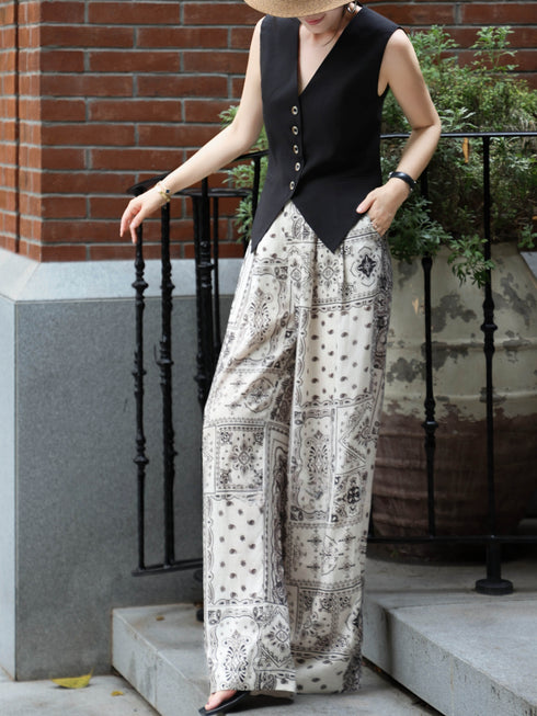 Tailored V-Neck Vest & Paisley Print Wide-Leg Pants Set – Elegant Summer Workwear Two‑Piece