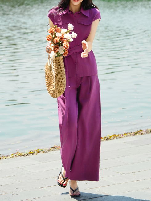 Tencel Linen Belted Vest & Wide-Leg Pants Set – Tailored Sleeveless Shirt and Relaxed Summer Suit