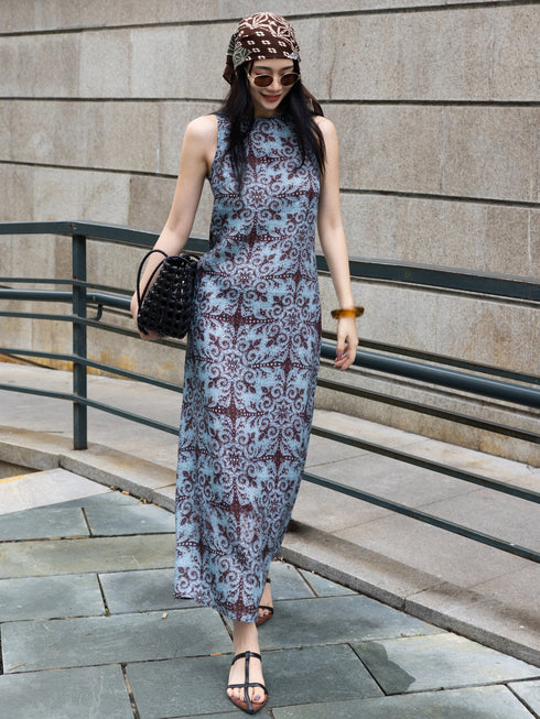 Vintage Print Sleeveless Column Maxi Dress – Elegant Summer Round Neck Slim Fit Dress