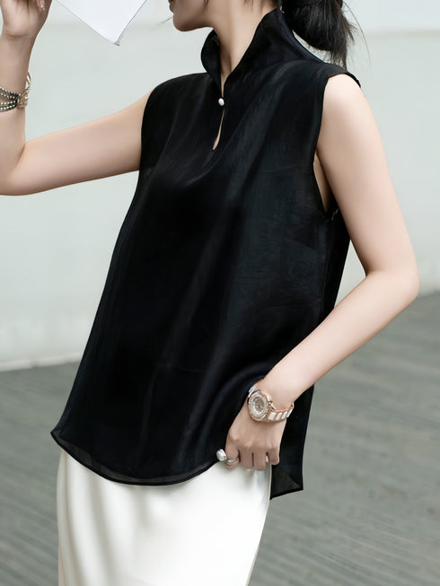 Silk-Texture Jacquard Mandarin Collar Sleeveless Blouse – Lightweight Double-Layer Summer Top
