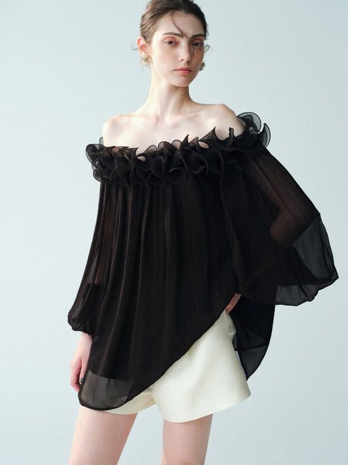 Cupro-Blend 3D Floral Off-Shoulder Blouse – Sheer Lantern Sleeve Couture Top