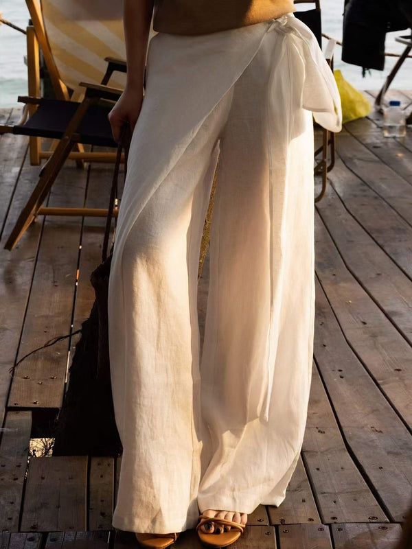 High-Waisted Asymmetric Wrap Linen Wide-Leg Pants – White Draped Resort Trousers