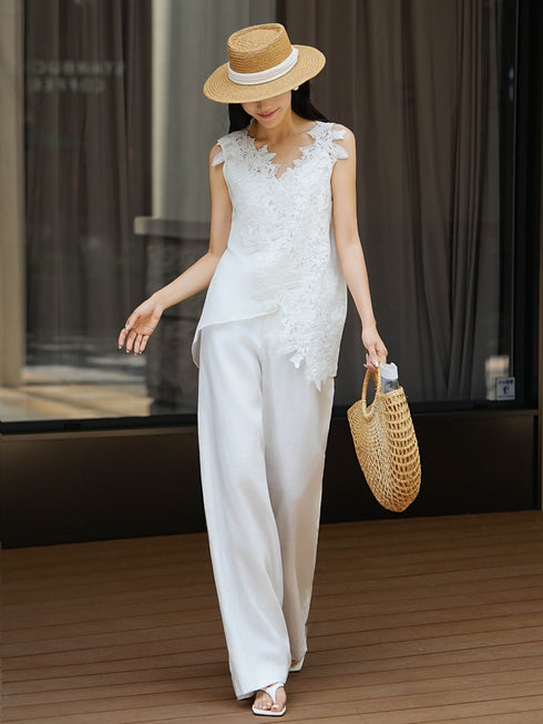 French Lace V-Neck Asymmetric Crochet Top – Elegant Sleeveless Summer Blouse