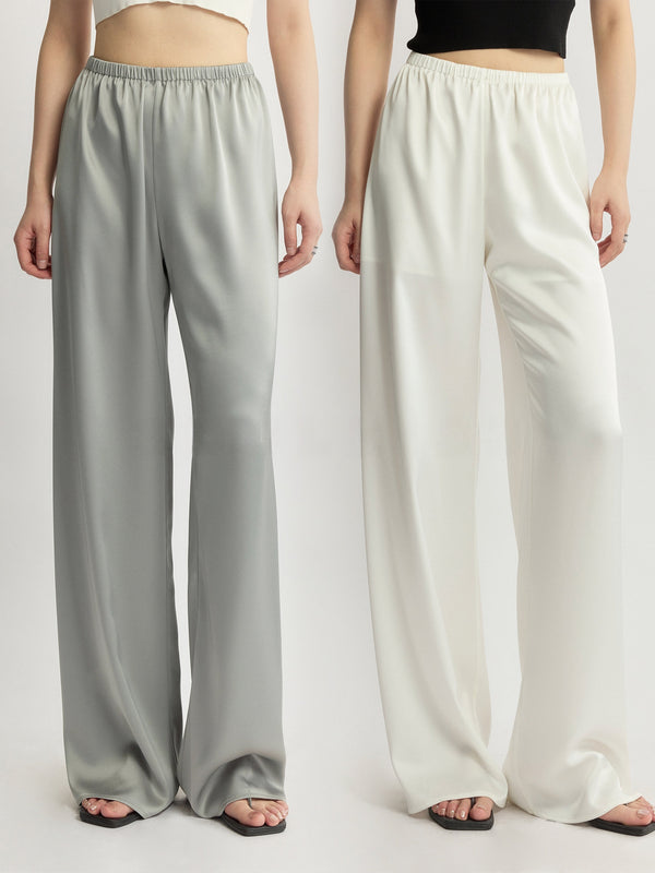 Japanese Triacetate Luminous Double-Satin Wide-Leg Pants - Elastic Waist Airy Draped Trousers